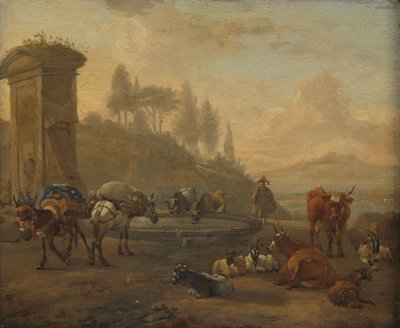 Állatállomány egy szökőkút mellett alkotó: Willem Romeyn