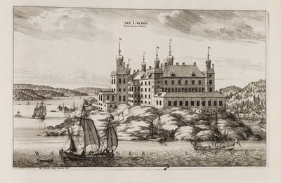 A läcköi kastély a Vänern-tó felől. A „Suecia antiqua et hodierna” című műből alkotó: Willem Swidde