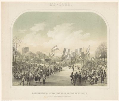 Korcsolyaverseny Jégklub/korcsolyaverseny férfiak és nők által Leeuwardenben 1855. február 22-én (cím a tárgyon) alkotó: Willem Troost (II)