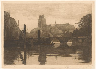 Kilátás a Nieuwe Havenre és a Grote Kerkre Dordrechtben alkotó: Willem Witsen (signed by artist)