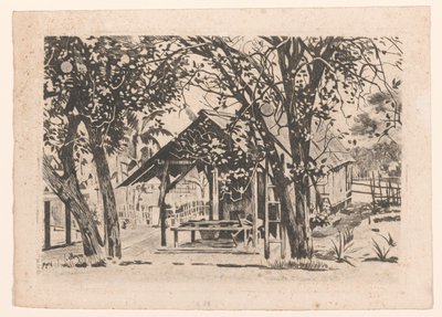 Melléképület két fa között Java-n alkotó: Willem Arnoldus Witsen