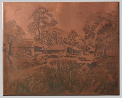 Buitenzorg, kampong házak, Salak és Cedeh jobbra a háttérben alkotó: Willem Arnoldus Witsen