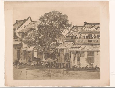 Kilátás a házakra a folyón, Batáviában Házak a kaliban. Fák a házak között, Batavia (eredeti cím) alkotó: Willem Arnoldus Witsen