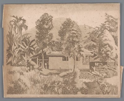 Ház a Salak(?) vulkánnal a háttérben, Buitenzorg alkotó: Willem Arnoldus Witsen
