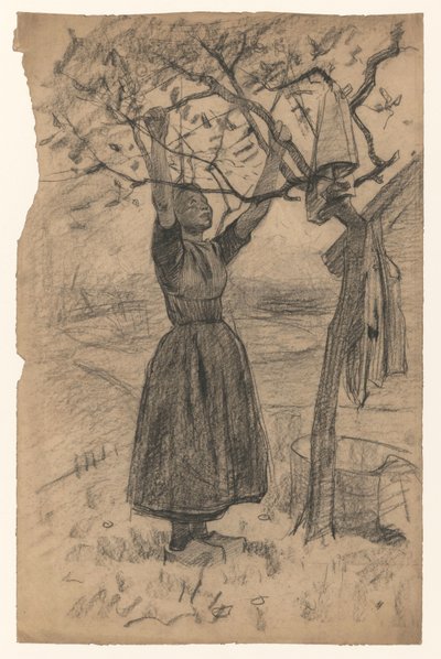 Nő felakasztja a szennyest egy fára, jobbra alkotó: Willem Arnoldus Witsen