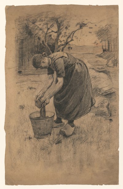 Nő mosnivalót egy vödörben egy farm előtt alkotó: Willem Arnoldus Witsen