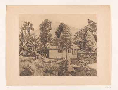 Otthon Bogorban, a háttérben egy hegy Ház a Salak(?) vulkánnal a háttérben, Buitenzorg (eredeti cím) alkotó: Willem Arnoldus Witsen