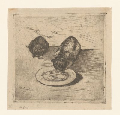 Két macska, az egyik tányérból iszik Two Kitties (eredeti cím) alkotó: Willem de Zwart