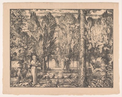Nő és kos fallal körülvett kertben The Park (eredeti cím) alkotó: Willem van Konijnenburg (signed by artist)