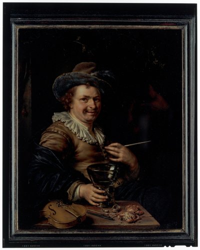 A man holding a clap pipe and a roemer seated at a table on which rests a violin and crabs alkotó: Willem Van Mieris