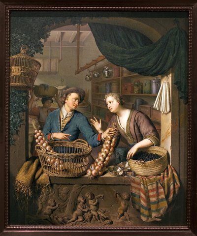 Hagymaárus. Willem van Mieris (1662-1747) festménye, olaj, fa alkotó: Willem Van Mieris