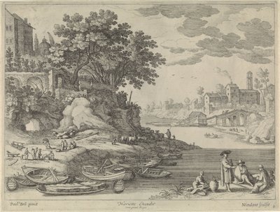 Kikötő evezős csónakokkal, figurákkal és állatállománysal alkotó: Willem van Nieulandt (II)