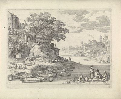 Kikötő evezős csónakokkal, figurákkal és állatállománysal alkotó: Willem van Nieulandt (II)