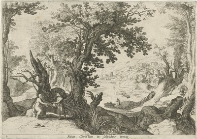 Táj Krisztus kísértésével Sátán Christum magányos sátorban (cím a tárgyon) Olasz tájak bibliai jelenetekkel (sorozat címe) alkotó: Willem van Nieulandt (II)