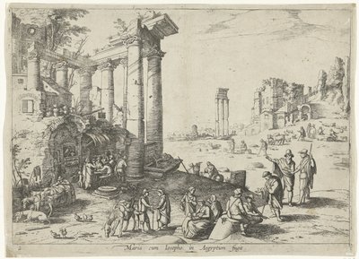 Táj a repüléssel Egyiptomba Maria cum Iosepho in Aegyptum fugit (cím a tárgyon) Olasz tájak bibliai jelenetekkel (sorozat címe) alkotó: Willem van Nieulandt (II)