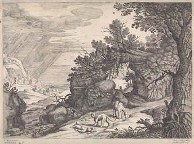 Táj Isten halott emberével, oroszlánnal és szamárral Olasz tájak (sorozat címe) alkotó: Willem van Nieulandt (II)