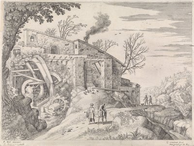 Táj vízimalommal és az irgalmas szamaritánussal Olasz tájak (sorozat címe) alkotó: Willem van Nieulandt (II)
