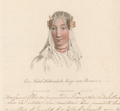 Purmerendi leány fejdísze, 1816 A North Holland Girl from Purmerend / Une Jeune fille de purmerend - Province dela Nord-hollande avec sa calotte son manteau son ornament ses aiguilles et epingles d