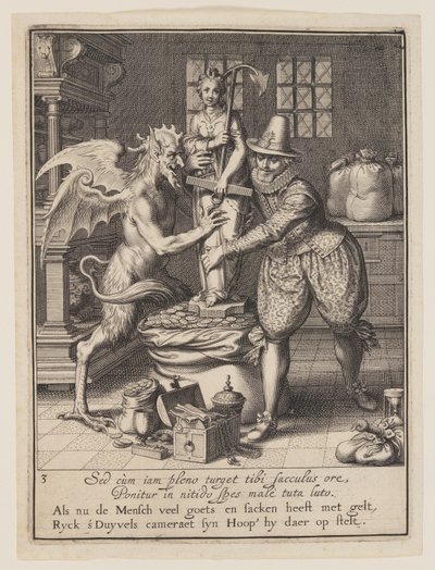 Egy ember és az ördög, aki egy zsákot tölt pénzzel és felállít egy Remény-szobrot, a Világi javakkal való visszaélés allegóriájából. alkotó: Willem van Swanenburgh
