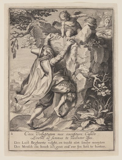 Egy fiatalember megmászik egy hegyoldalt Ámor segítségével, a Világi javakkal való visszaélés allegóriájából alkotó: Willem van Swanenburgh