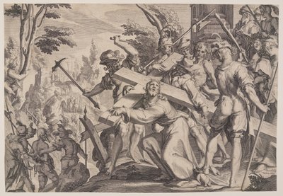 Krisztus a keresztet viszi, 4. tábla az Igazságosság trónjai (Thronus Iustitiae) című képből. alkotó: Willem van Swanenburgh