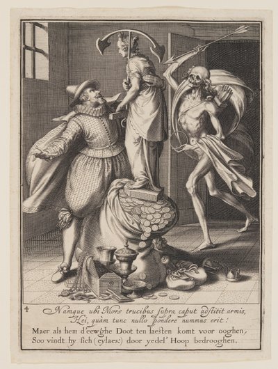 A halál egy nyílvesszővel, amely le akarja sújtani az embert, a Világi javakkal való visszaélés allegóriájából. alkotó: Willem van Swanenburgh