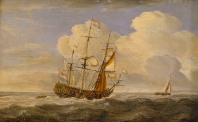Holland zászlóshajó a szél előtt, 17. század vége-18. század eleje (olaj, panel) alkotó: Willem van de II (follower of) Velde