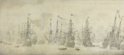 Az angolok sikertelen támadása a visszatérő flotta ellen Bergen kikötőjében, Norvégiában, 1665. augusztus 12.: egy epizód a második angol-holland háborúból alkotó: Willem van de Velde (I)