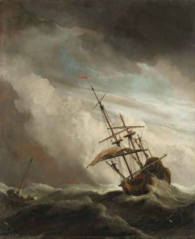 Egy hajó a nyílt tengeren, amelyet egy vihar fogott el, az úgynevezett széllökés Egy hajó a nyílt tengeren egy tomboló viharban, a széllökés néven ismert alkotó: Willem van de Velde (II)