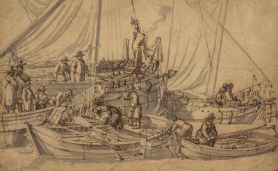 Figurák kiskereskedelmi hajókon, 1650-1655 körül (toll, barna tinta és mosórajz) alkotó: Willem van de Velde