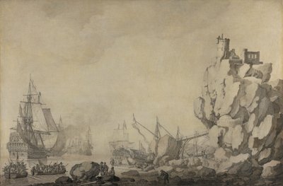 Hajók és milícia egy sziklás parton alkotó: Willem van de Velde the Elder