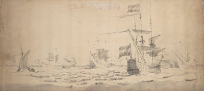 A holland flotta a szélben heverészik: haditanács, 1665 körül (grafit, szürke mosás) alkotó: Willem van de the Elder Velde