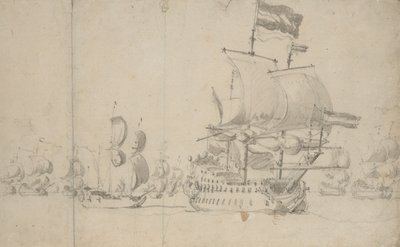 Egy holland zászlóshajó egy küldönchajóval a negyedén, 1672. május, 1672 körül (ceruza, mosás) alkotó: Willem van de the Elder Velde