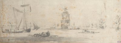 Egy gálya könnyű levegőben és több bárka, 1681 körül (grafit, szürke mosás) alkotó: Willem van de the Elder Velde