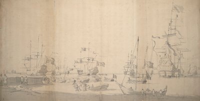 Egy weyschuit partra vontatása egy zsúfolt kikötőben, 1672 körül (grafit) alkotó: Willem van de the Elder Velde