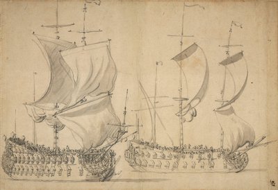 Egy angol harmadosztályú és negyedosztályú hajó könnyű vitorla alatt, 1677 körül (ceruza, mosás) alkotó: Willem van de the Elder Velde