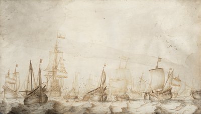 Holland heringhalászhajók az Északi-tengeren. William van de Velde az idősebb (1611-1693 körül) tinta- és tusrajza (27,4x47,6 cm), 1650 körül. alkotó: Willem van de the Elder Velde