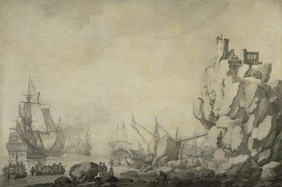 Hajók és milícia egy sziklás parton, 1680 körül (toll és tinta előkészített vásznon) alkotó: Willem van de the Elder Velde