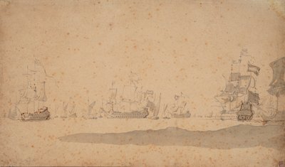 Fekvő holland flotta, valószínűleg 1672 májusában, 1672 körül (grafit, szürke mosás) alkotó: Willem van de the Elder Velde