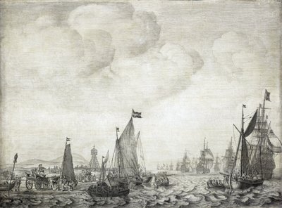 Keletre tartó kereskedelmi hajók és kíséretük, Vlie (vagy Vliestroom), a Vlieland és Treschelling (Hollandia) szigetek közötti tengeri útvonal elhagyása, 1645. június 9. alkotó: Willem van de the Elder Velde