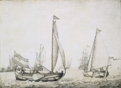 Két holland hajó az indulásnál, valószínűleg Amszterdam (Hollandia) kikötőjében. Grisaille, fa, 1660 körül, Willem van de Velde (1611-1693) alkotása. alkotó: Willem van de the Elder Velde