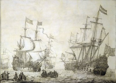A Holland Kelet-indiai Társaság két kereskedelmi hajója, amint szélcsendben elhagyja a partot. Grisaille, fa alkotó: Willem van de the Elder Velde