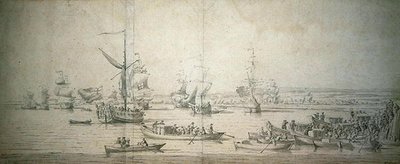 Die Ankunft von James, Herzog von York, auf der königlichen Yacht in Chatham, um das Linienschiff 