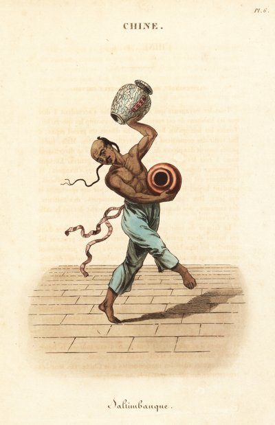 Kínai zsonglőr táncol és zsonglőrködik két nagy vázával. alkotó: William (after) Alexander