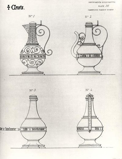 Cruets, illusztráció az "Instrumenta Ecclesiastica" első sorozatának 56. táblájáról, Thomas Turnbull metszete, megjelent 1846-ban (litográfia) (fekete-fehér fotó). alkotó: William (after) Butterfield