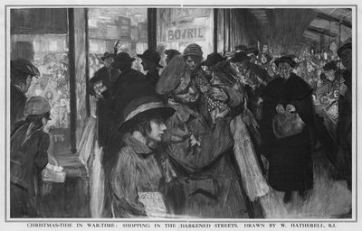 Karácsonyi dagály a háború idején: Vásárlás a sötét utcákon (litho) alkotó: William (after) Hatherell