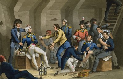 A pilótafülke, a nílusi csata, a csatában megsebesült Nelsont ábrázolja, Matthew Dubourg (fl.1813-20) metszete a „Történelmi, katonai és haditengerészeti anekdoták” kocsmából. írta: Edward Orme (1774-1820 körül) 1817 (akvatinta) alkotó: William (after) Heath