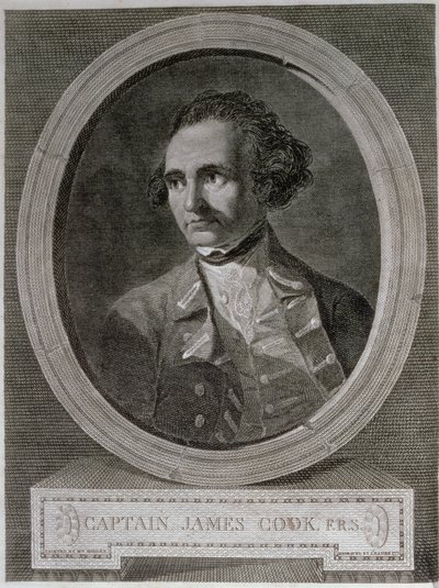 James Cook kapitány (1728-79) portréja, az „Utazás a világ körül a déli sarkig” című film előlapjáról (metszet) alkotó: William (after) Hodges