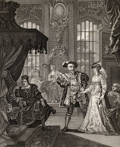 VIII. Henrik és Boleyn Anna, metszet: T. Cooke, Hogarth munkáiból, 1833-ban jelent meg (litográfia). alkotó: William (after) Hogarth