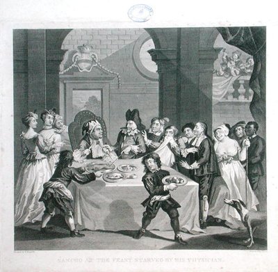 Sancho a lakomán, akit orvosa éheztetett, metszett Thomas Cook (1744-1818) (metszet) alkotó: William (after) Hogarth